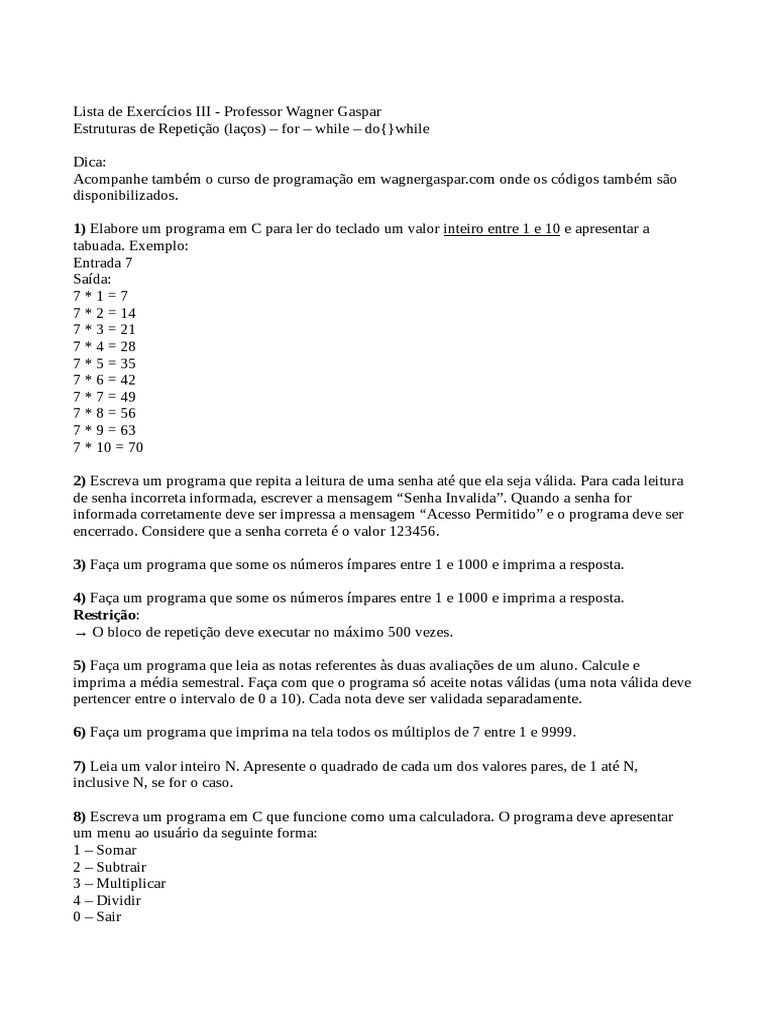 Exercicios 3 repeti o for while e do while download gr tis pdf