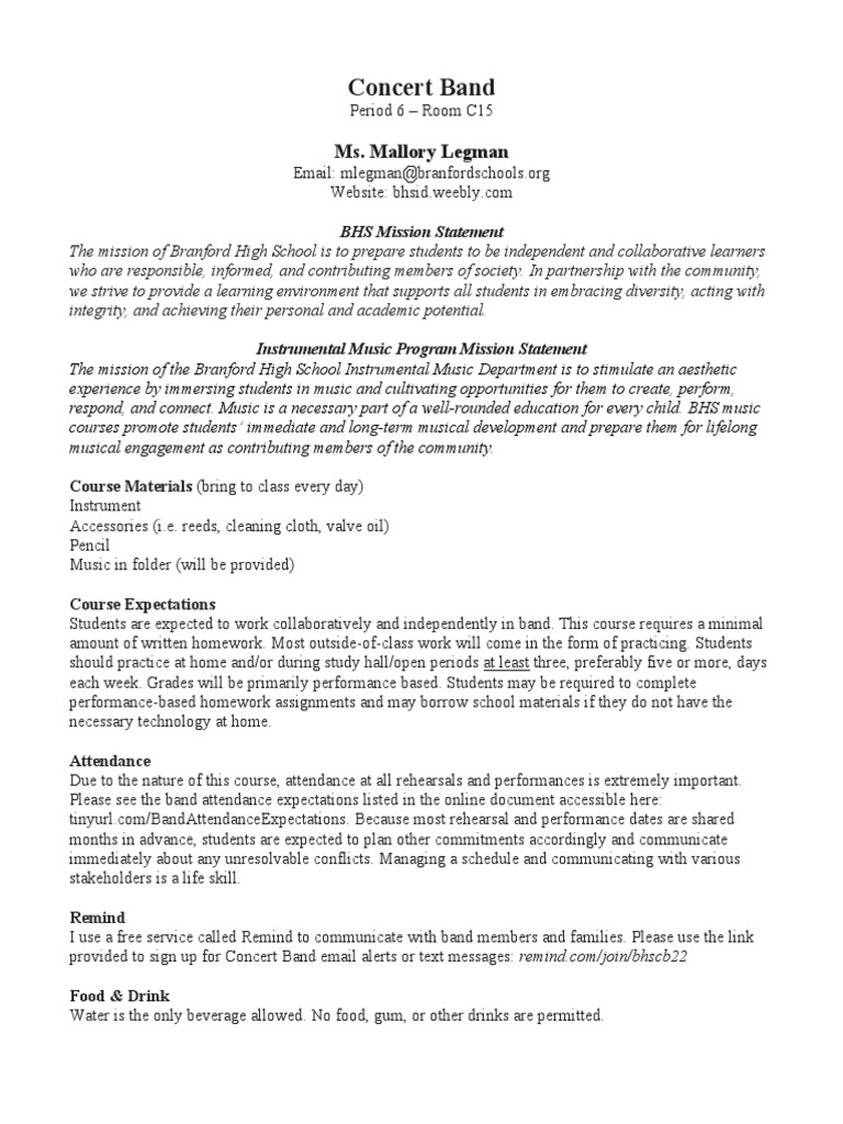 Concert Band Syllabus PDF Learning