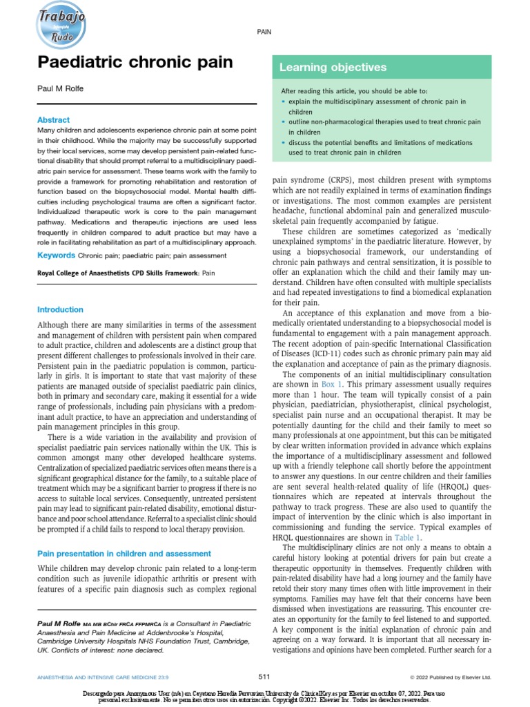 Paediatric Chronic Pain PDF Pain Management Pain