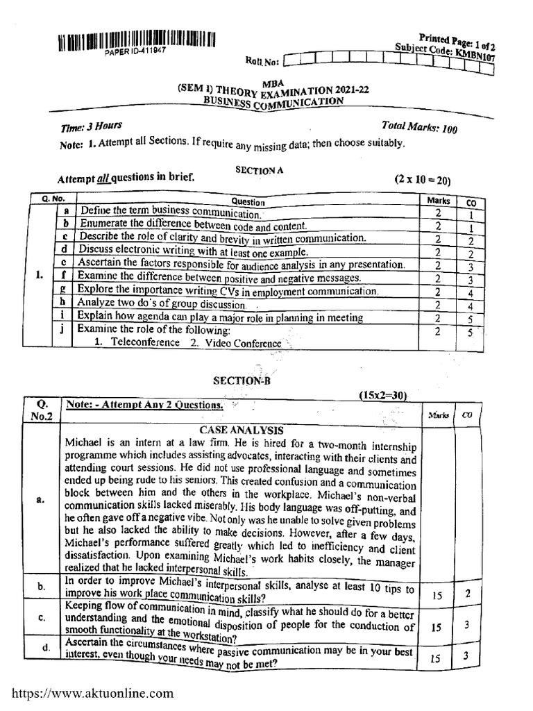 Mba 1 Sem Business Communication kmbn107 2022 PDF | PDF