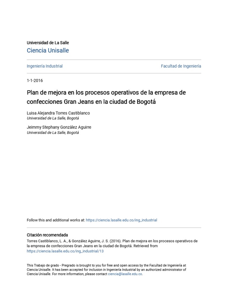 Plan de Mejora en Los Procesos Operativos de La Empresa de Confec PDF ...