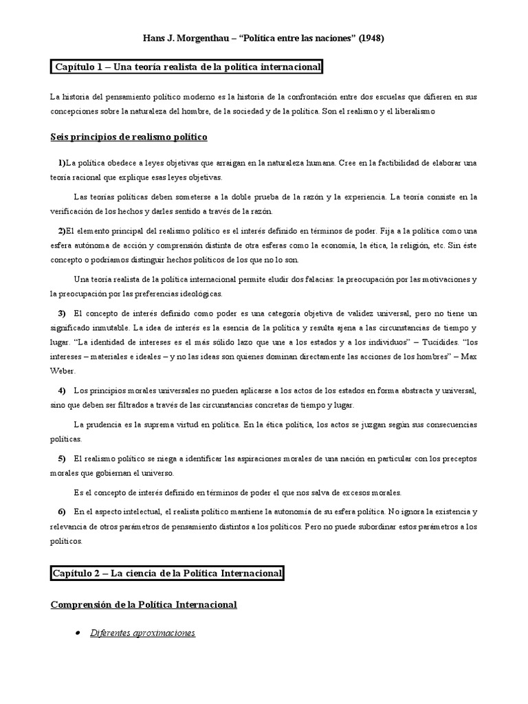 Politica entre las naciones (resumen) PDF Realismo filosófico Nación