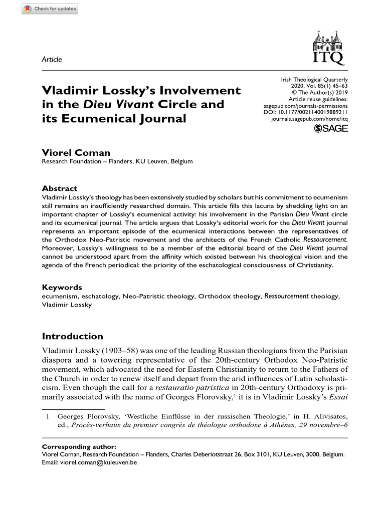 Vladimir Lossky's Involvement in The Dieu Vivant Circle and Its