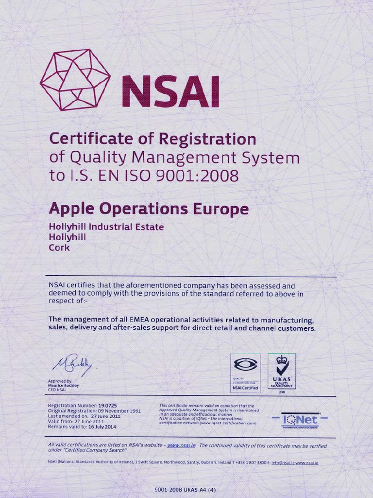 Apple ISO 9000 Certificate PDF PDF