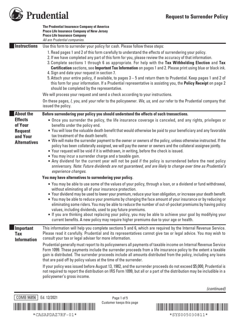 Prudential Surrender | PDF | Income Tax In The United States | Insurance