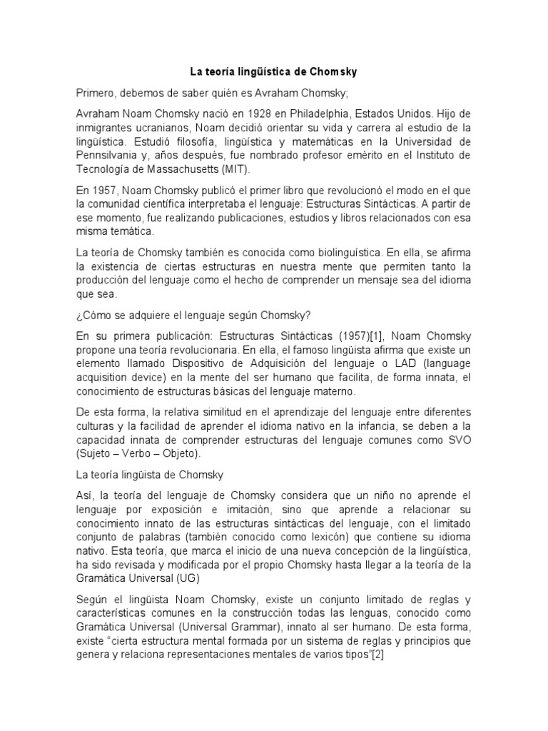 La Teoría Lingüística De Chomsky Pdf Aquisición De Idioma Noam