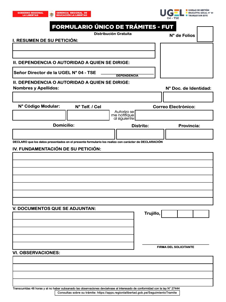 Formulario Único de Trámites - UGEL 04 | PDF