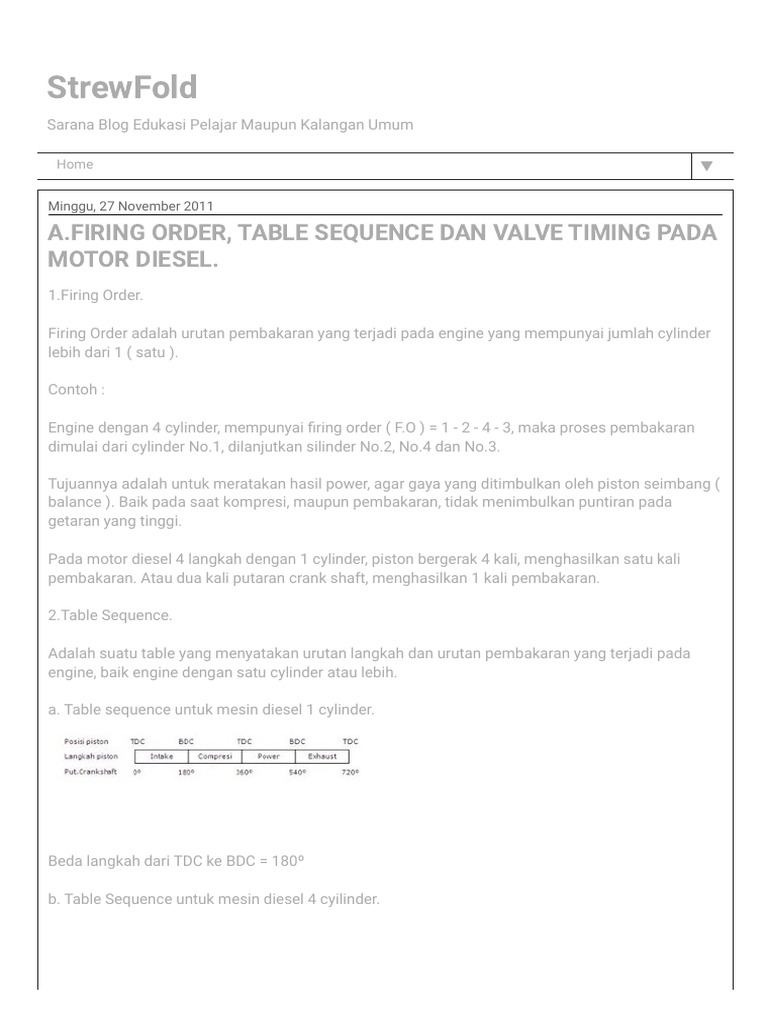 A.firing Order, Table Sequence Dan Valve Timing Pada Motor Diesel PDF | PDF