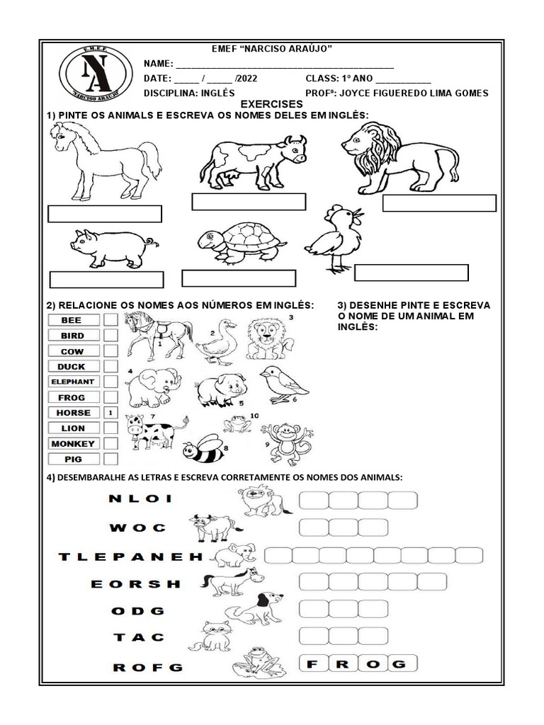 Atividades de Inglês: Animais para 1º Ano | PDF