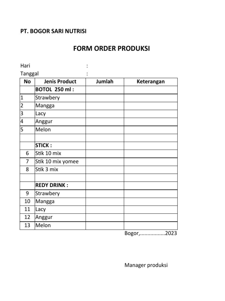 Form Order Produksi PT Bogor Sari Nutrisi | PDF
