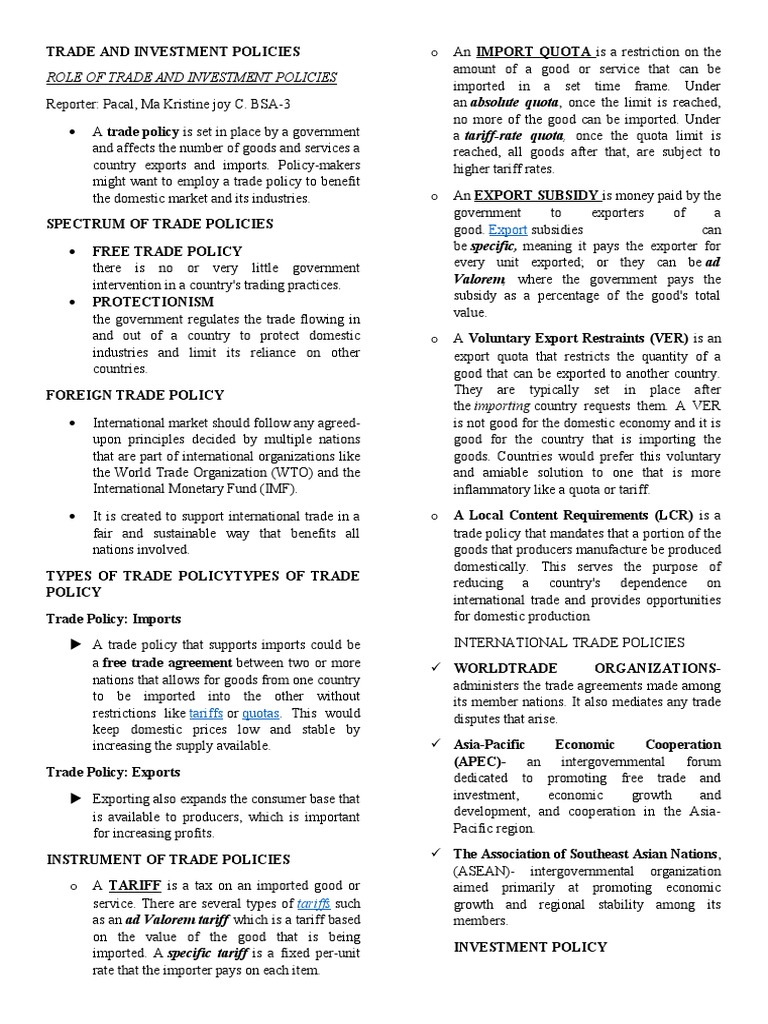 Trade and Investment Policy Overview | PDF | Aids | Exports