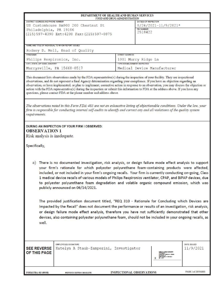 FDA 483 Inspection Report: Philips 2021 | PDF | Food And Drug ...