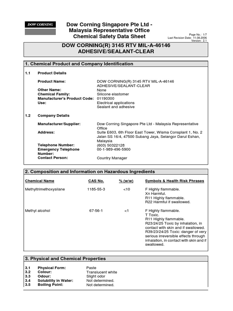 MSDS Dow Corning RTV 3145 PDF Water Firefighting