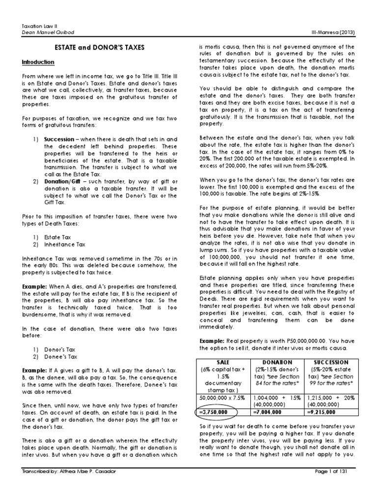 Estate and Donor's Tax Overview | PDF | Estate Tax In The United States ...