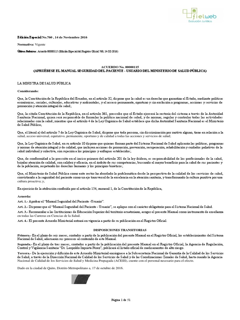 Acuerdo Ministerial 115 Manual Seguridad Del Paciente - Usuario Del  Ministerio de Salud Pública | PDF