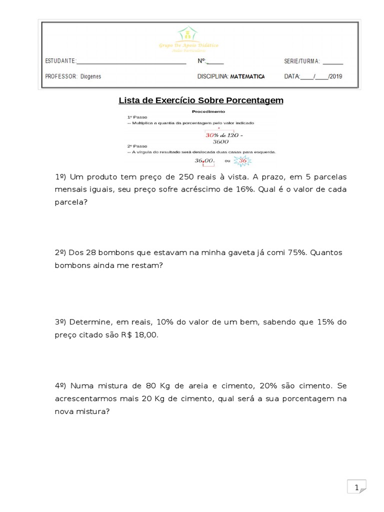 Lista Exercício (Porcentagem) | PDF | Alfabetização | Economias