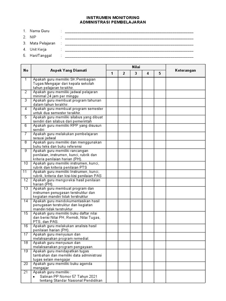 Instrumen Monitoring Administrasi Pembelajaran | PDF
