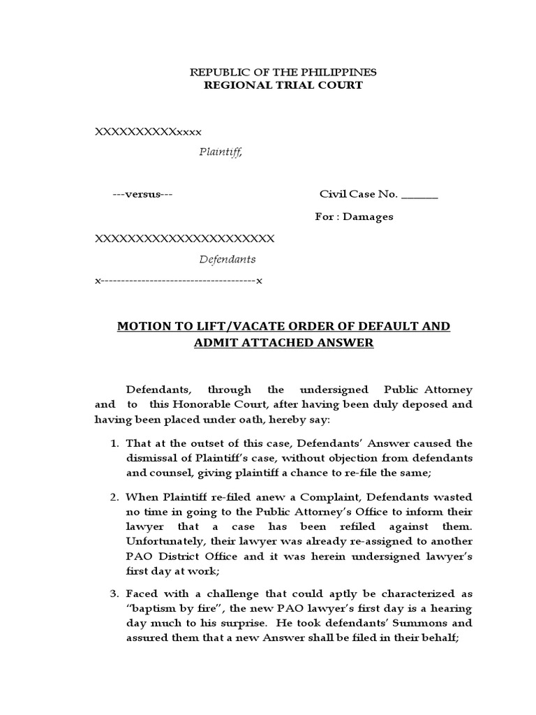 Motion To Lift Order of Default PDF Complaint Legal Procedure