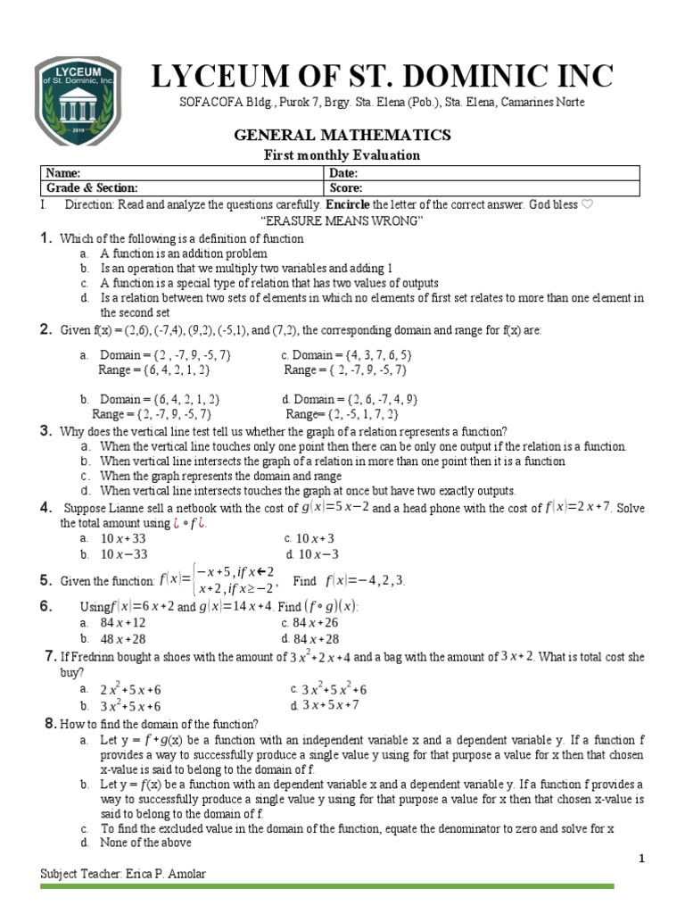 Gen Math Examination | PDF | Function (Mathematics) | Functions And ...