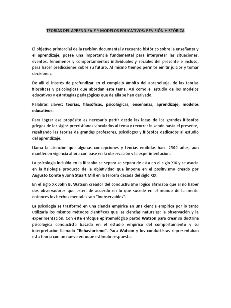 Teorías Del Aprendizaje y Modelos Educativos | PDF | Sicología ...