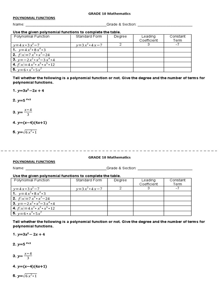 Polynomial Functions Worksheet | PDF | Zero Of A Function | Polynomial