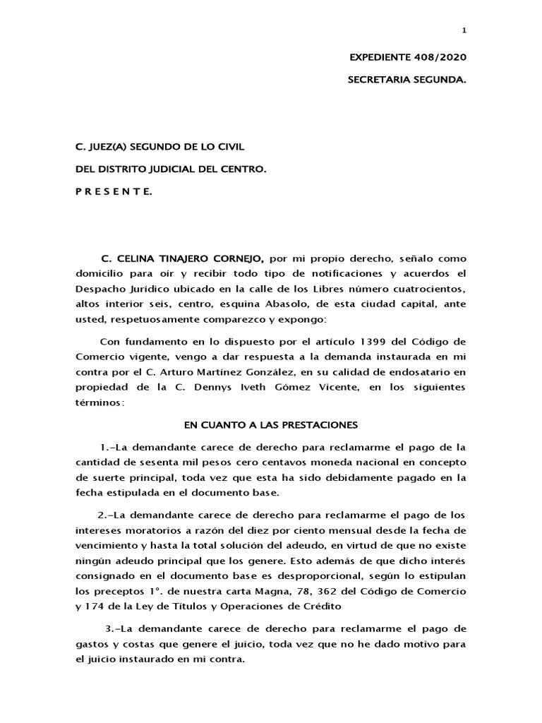 Escrito Contestacion de Demanda | PDF | Caso de ley | Ley procesal