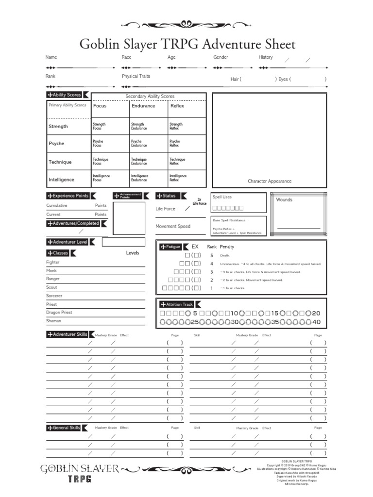 Goblin Slayer TRPG Character Sheet | PDF