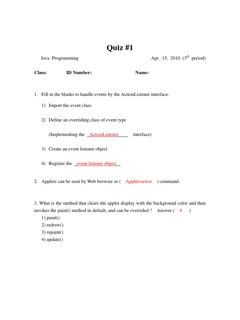 Java Programming Quiz on Applets | PDF | Teaching Methods & Materials ...