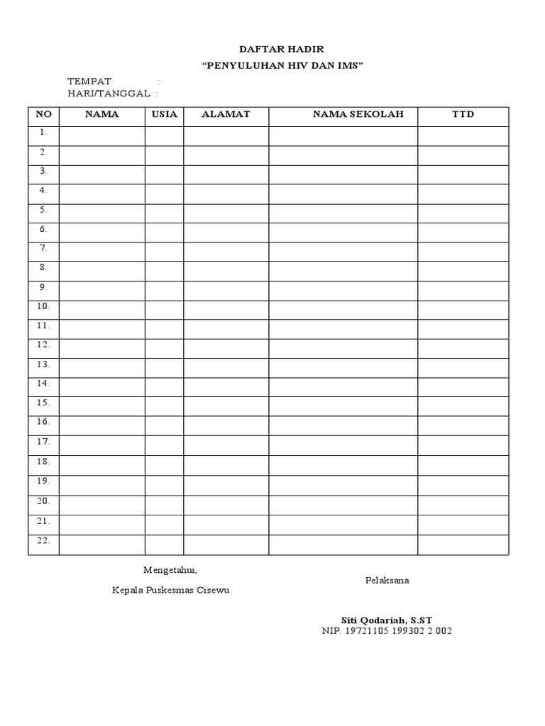 Daftar Hadir Penyuluhan Hiv Dan Ims PDF