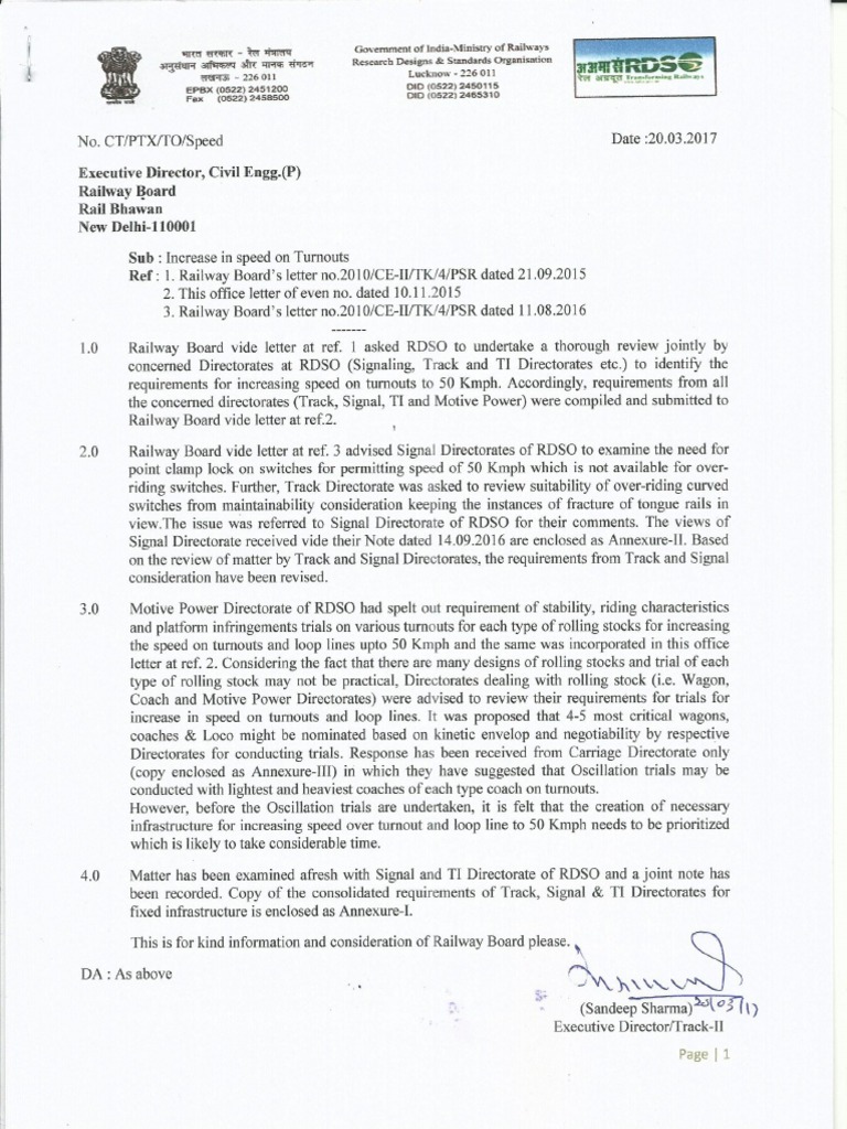 RDSO Letter DT 20.03.27 Reg Speed Increase On Turnout PDF | PDF