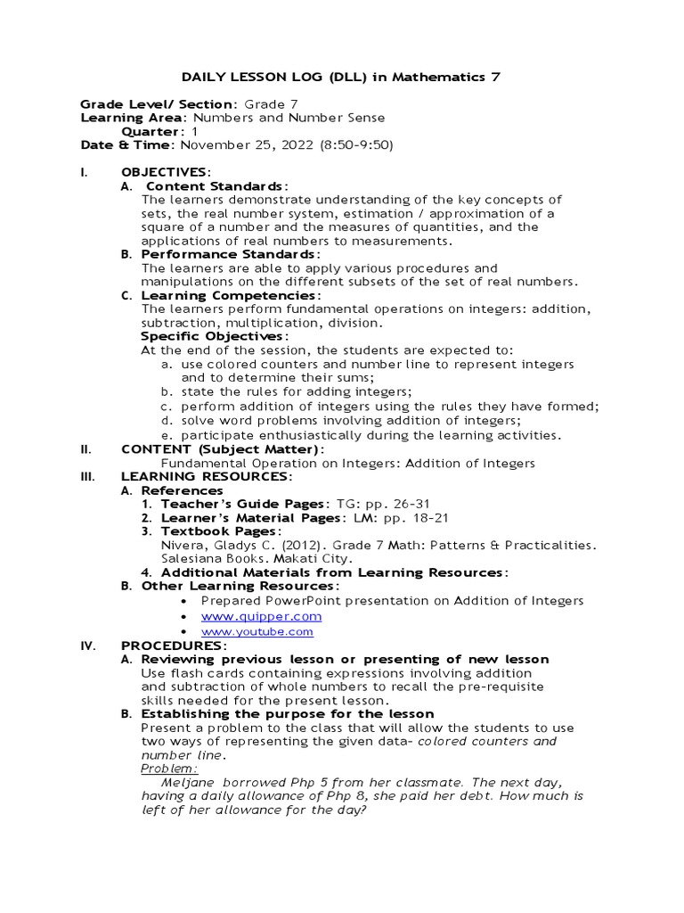 Grade 7 Fundamental Operation On Integers Addition of Integers | PDF ...