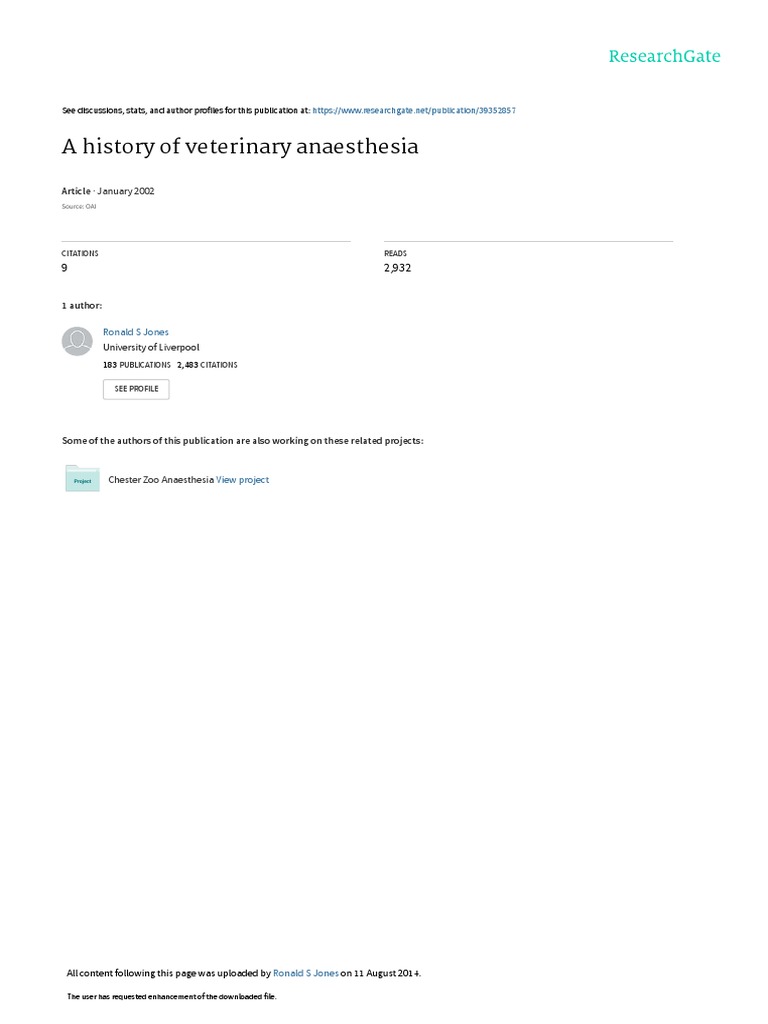 A History of Veterinary Anaesthesia PDF Anesthesia Nitrous Oxide
