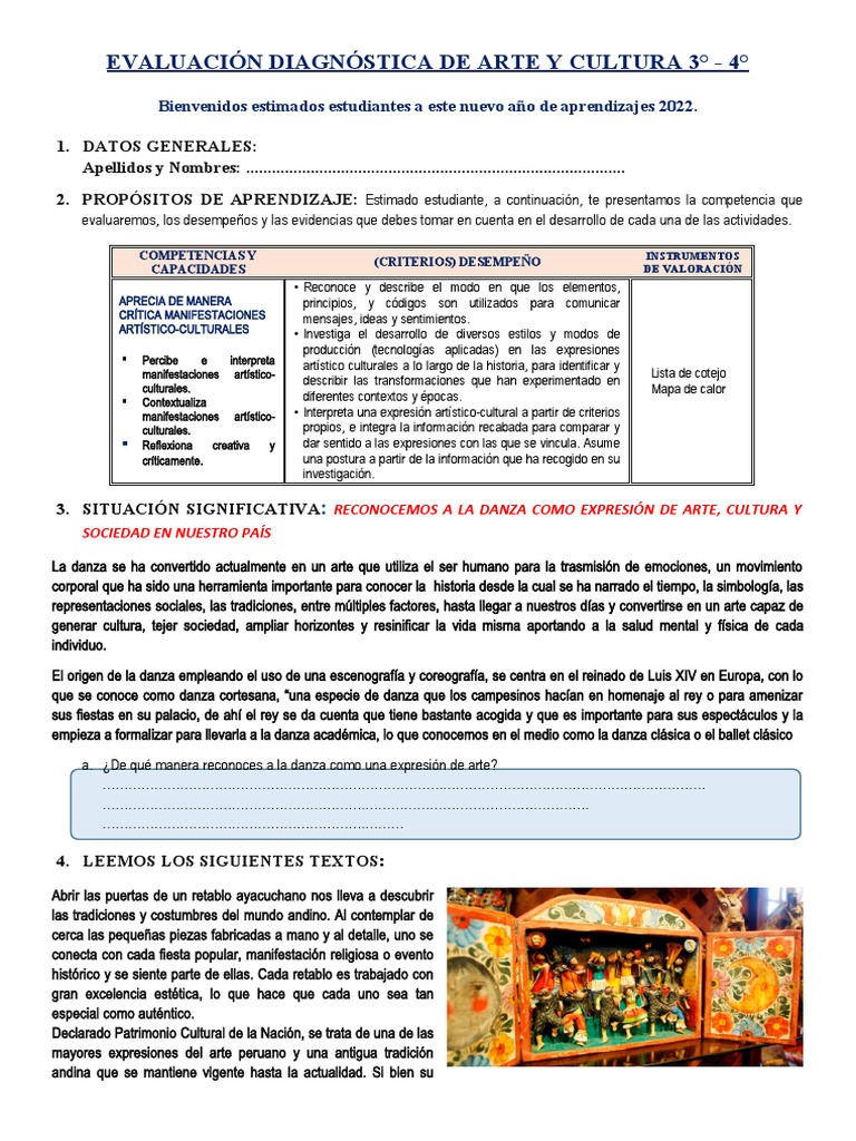 Evaluación de Arte y Cultura 3°-4° | PDF | Bailes