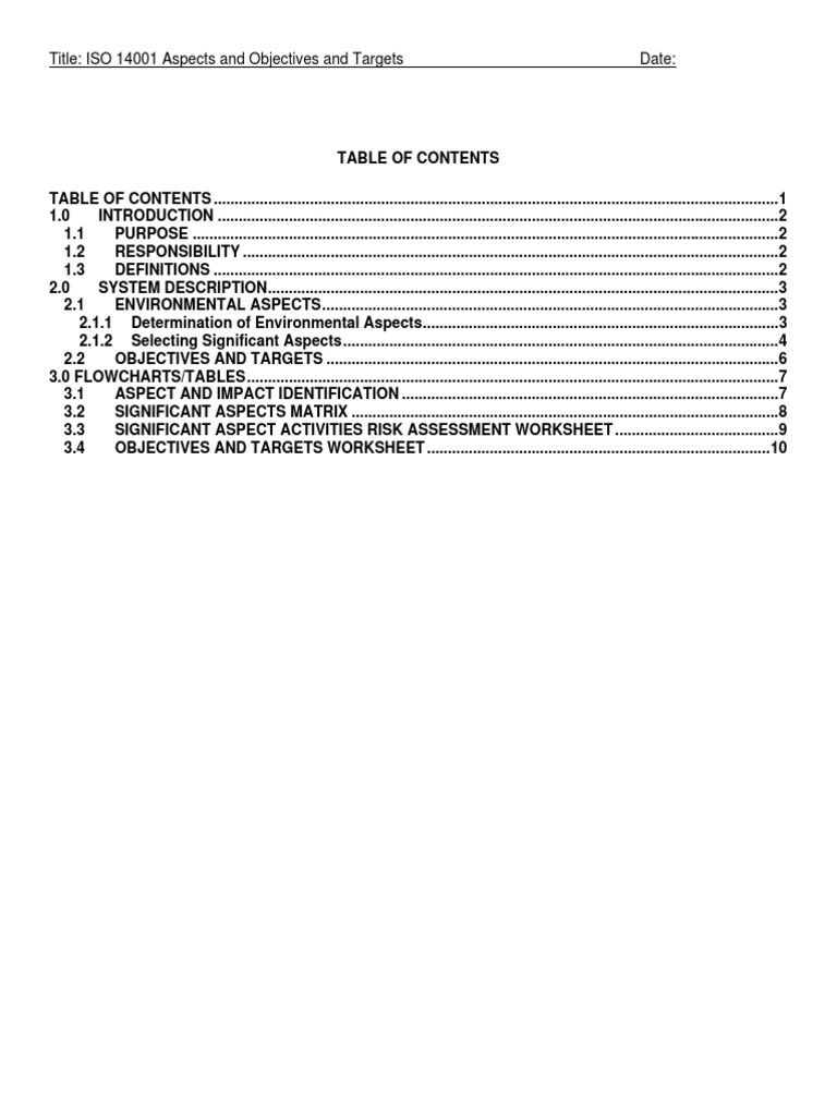 Title: ISO 14001 Aspects and Objectives and Targets Date | Download ...