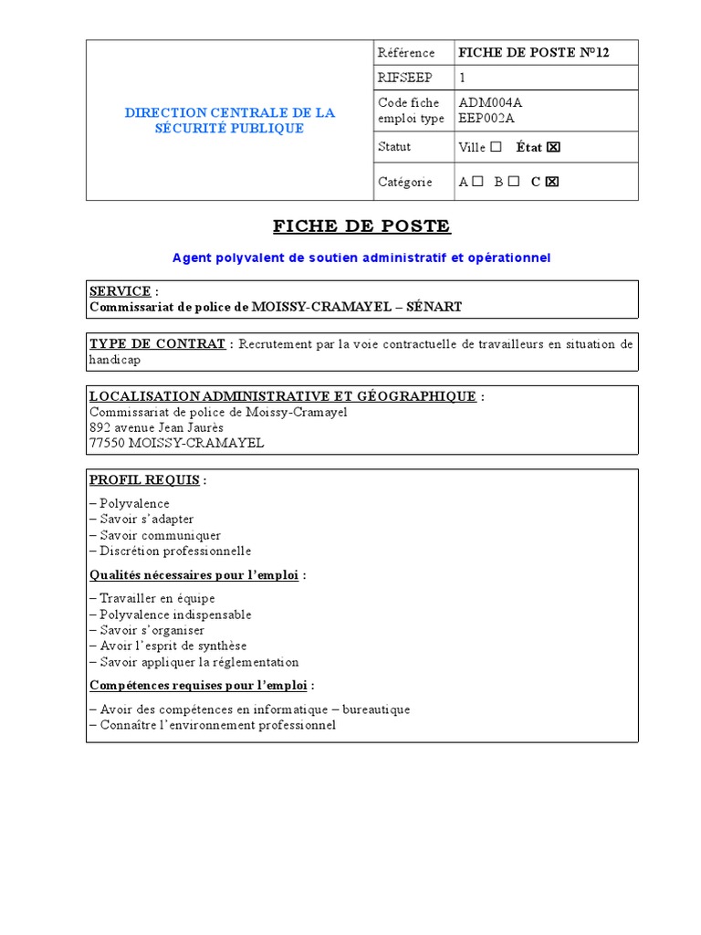 Fiche de Poste : Agent Administratif | PDF | Invalidité