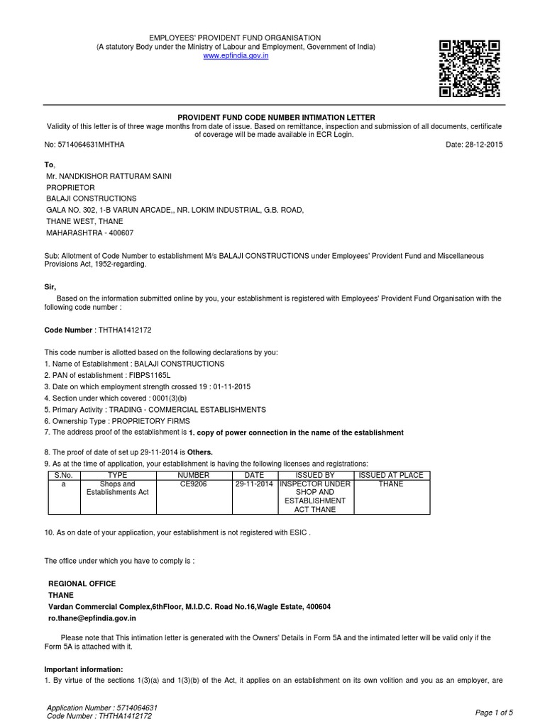 EPF Code Allotment for Balaji Constructions | PDF | Private Law ...
