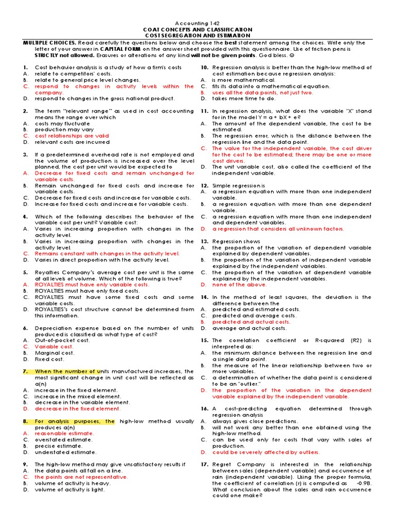 Cost Behavior Analysis Quiz | PDF | Cost | Regression Analysis