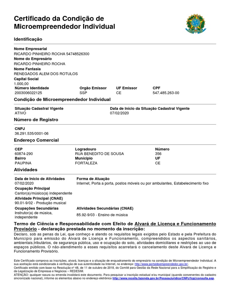Certificado de Microempreendedor Individual | PDF