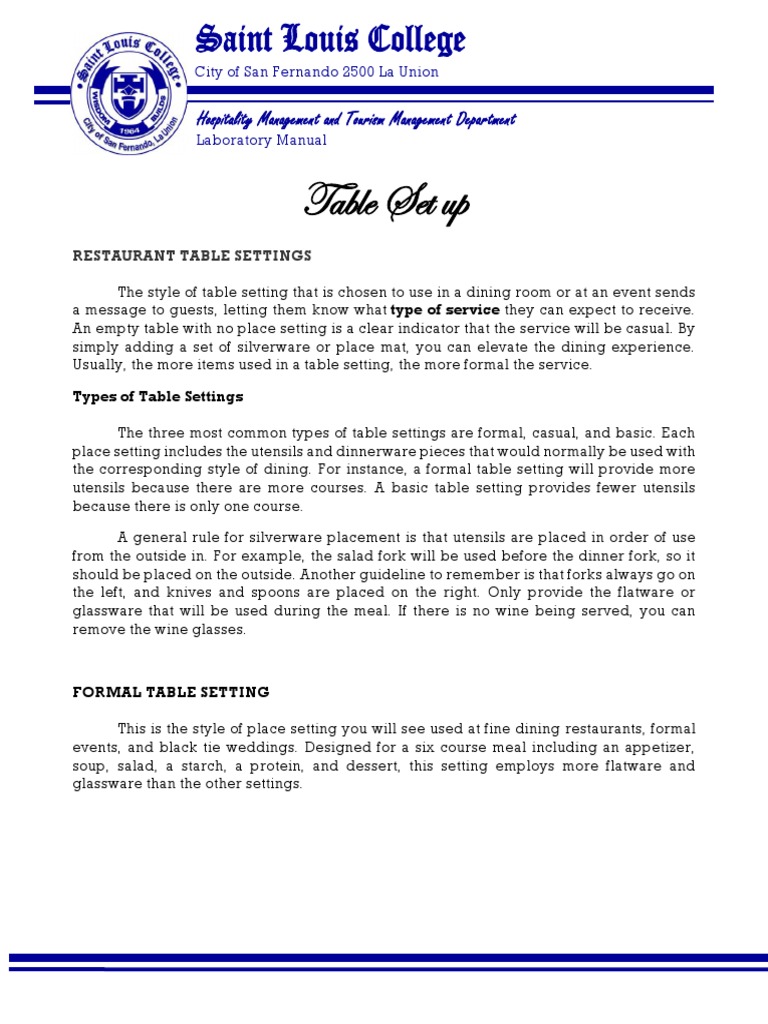Table Set Up PDF PDF Tableware Domestic Implements
