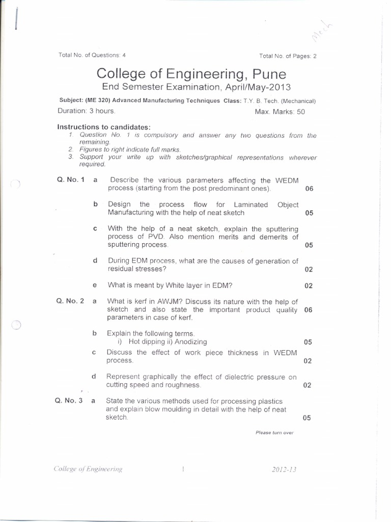Advanced Manufacturing Techniques (ME 320) PDF