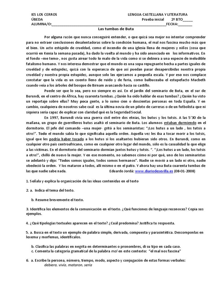 Prueba Inicial 2bto | PDF | Mecánica del lenguaje | Lingüística