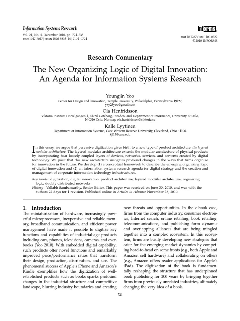 Yoo Henfridsson Lyytinen 2010 ISR New Organising Logic of Digital