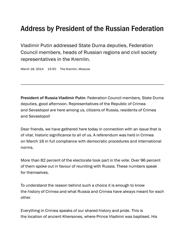 Address by President of The Russian Federation - President of Russia ...