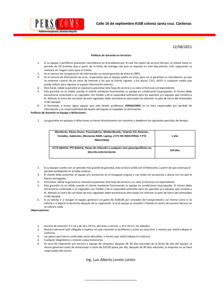 Ejemplo de Poliza de Garantia