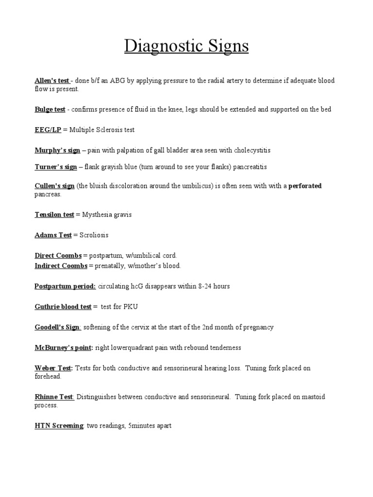 Key Diagnostic Signs and Tests | PDF