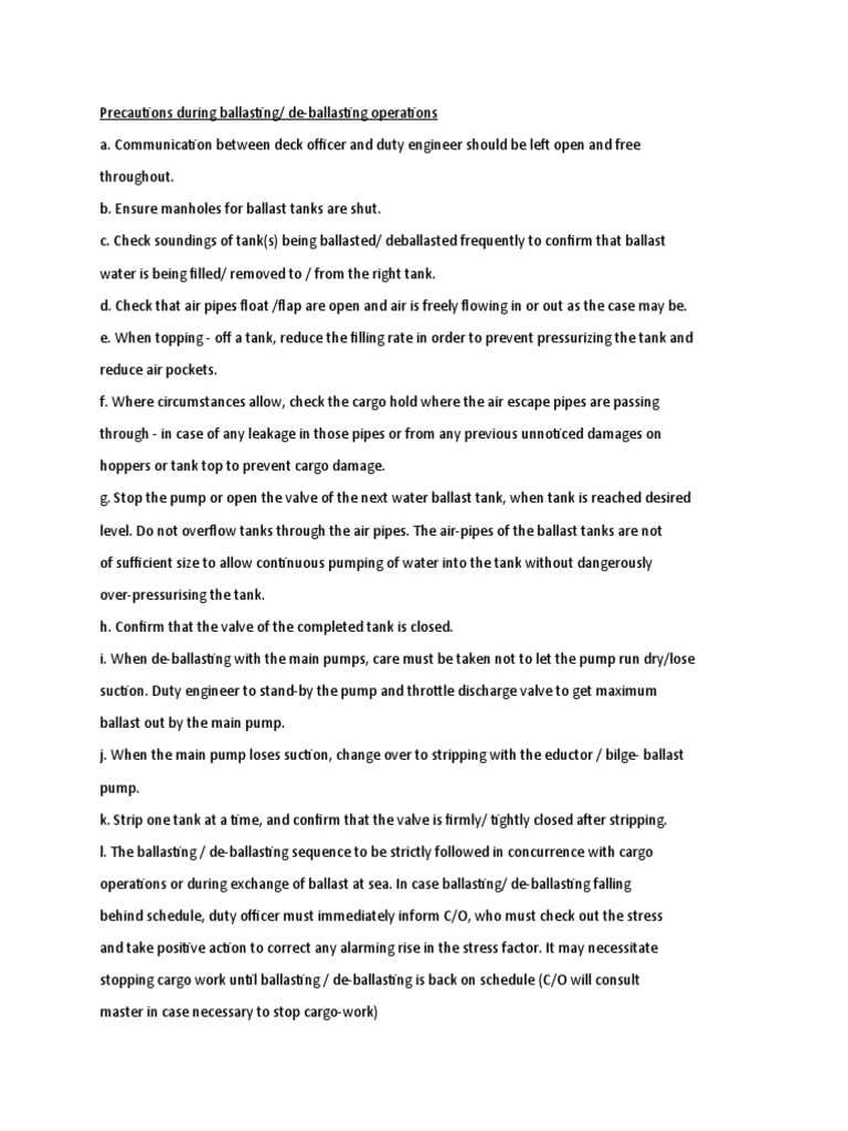 Precautions and Procedures for Safe and Compliant Ballasting and De