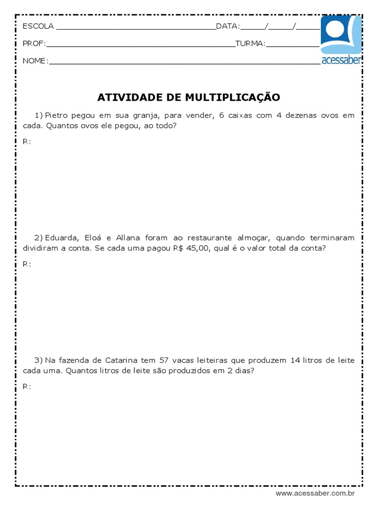 Atividade de Matematica Problemas de Multiplicacao 3 Ano e 4 Ano 2 | PDF
