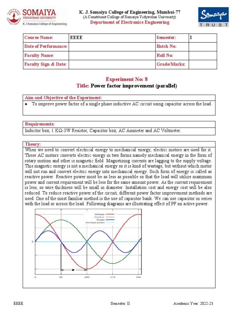 Power Factor Improvement Experiment | PDF | Ac Power | Capacitor
