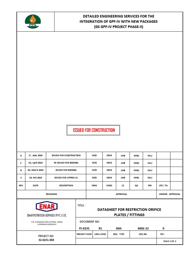 Datasheet providing technical specifications for restriction orifice