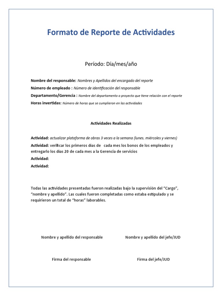 Formato de Reporte de Actividades Laborales | PDF
